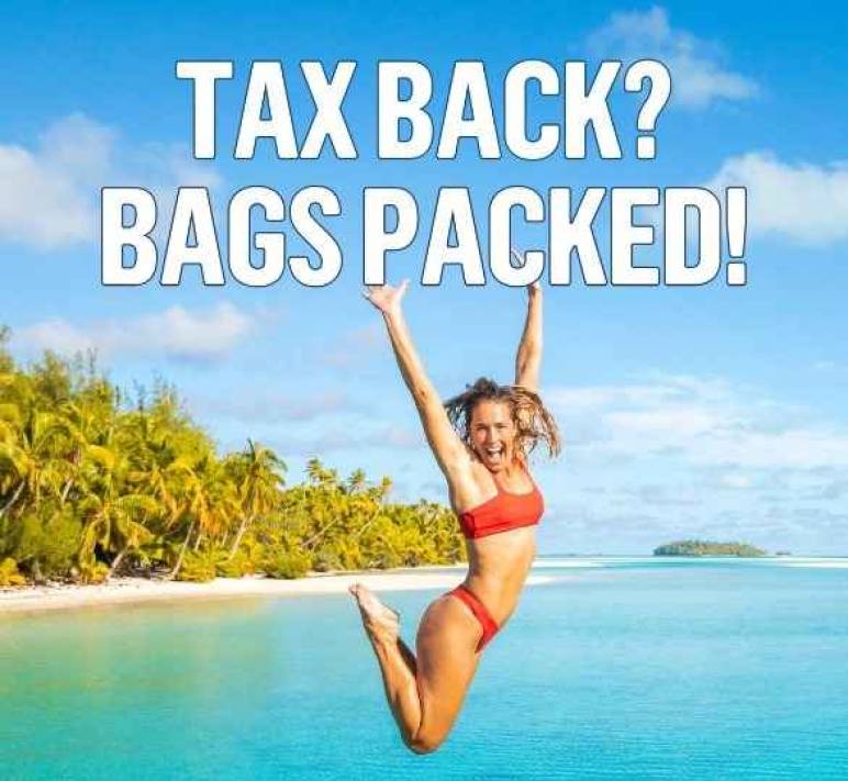 Woman jumps for joy over the water in Aitutaki, Cook Islands