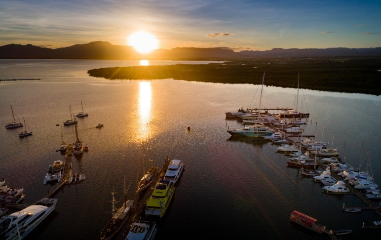 Aerial shot of Denarau port at sunset